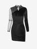 Lace Insert Velour Cut Out Bodycon Dress L Black