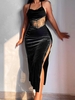 Lace Insert Velvet Criss Cross Thigh Split Dress S Black