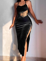 Lace Insert Velvet Criss Cross Thigh Split Dress S Black
