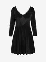 Lace Insert Velvet Skater Dress S Black