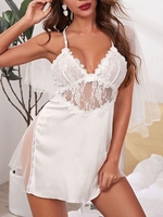 Lace Mesh Panel Strappy Crisscross Back Night Chemise M White