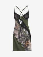 Lace Mesh Patchwork Bowknot Ribbon Slip Dress L Deep green