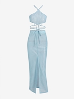 Lace Midriff Flossing Thigh Split Maxi Skirt Set M Light blue