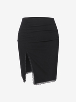 Lace Open Side Solid Color Bodycon Skirt M Black