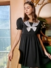 Lace Panel Bowknot Puff Sleeve Mini Dress S Black