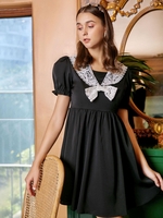Lace Panel Bowknot Puff Sleeve Mini Dress S Black
