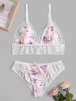 Lace Panel Floral Bra Set S Light pink