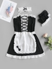 Lace Panel Lingerie Cosplay Maid Apron Dress Set S Black