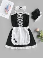 Lace Panel Lingerie Cosplay Maid Apron Dress Set S Black