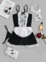 Lace Panel Lingerie Cosplay Maid Costume Dress Set S Black