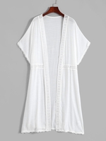 Lace Panel Open Front Beach Kimono Cover Up White