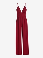 Lace Panel Sleeveless Solid Color Jumpsuit Xs Red