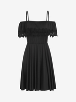 Lace Panel Solid Color Flowy Dress S Black