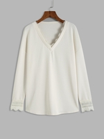 Lace Panel Solid V Neck Top S Light yellow