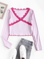Lace Panel Topstitching Long Sleeve Baby Tee S Light pink