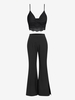 Lace Panel Twist Crop Cami Top and Split Hem High Waisted Flare Pants Set Black