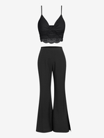 Lace Panel Twist Crop Cami Top and Split Hem High Waisted Flare Pants Set Black