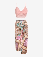 Lace Panel Twist Crop Top With Bandana Print Sarong-style Skirt Light pink