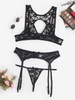 Lace Picot-trim Cutout Garter and Bra Set L Black