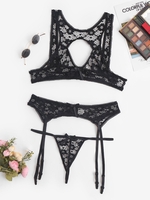 Lace Picot-trim Cutout Garter and Bra Set L Black
