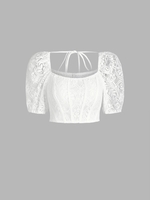 Lace Puff Sleeve Smocked Corset Top S White