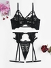 Lace Scalloped Leg Ring Garter Lingerie Set L Black