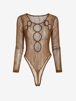 Lace See Thru Hollow Out Bodysuit M Coffee