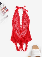 Lace See Thru Open Back Halter Tie Teddy Red
