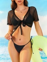 Lace See Thru Tie Front Crop Beach Top S Black