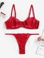Lace Sheer Sexy Underwired Lingerie Bra Set M Red
