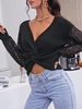 Lace Sleeves Twisted Open Back Jumper Sweater L Black