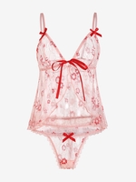 Lace Tie Bowknot Lingerie Babydoll with Thong L Light pink