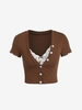 Lace Trim Button Up Cropped Tee L Coffee