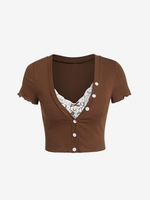 Lace Trim Button Up Cropped Tee L Coffee