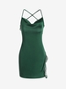 Lace Trim Cowl Neck Backless Slit Mini Slip Dress L Deep green