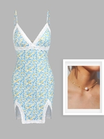 Lace Trim Ditsy Floral Slit Cami Dress With Faux Pearl Collarbone Necklace Light blue
