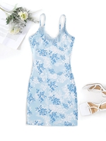 Lace Trim Floral Bustier Cami Bodycon Dress M Light blue