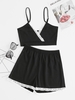 Lace Trim Knitted Cami Top and Shorts Set M Black