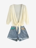Lace Trim Knotted Knit Cardigan and Denim Shorts Set Light coffee