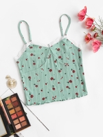 Lace Trim Rib-knit Floral Cami Top S Green
