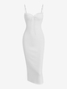 Lace Trim Ribbed Ruched Tie Collar Slinky Dress M White