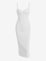 Lace Trim Ribbed Ruched Tie Collar Slinky Dress S White