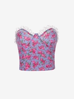 Lace Trim Rose Print Bustier Tube Top L Light pink