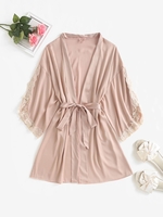 Lace Trim Satin Belted Robe L Light pink