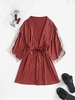 Lace Trim Satin Belted Robe L Red