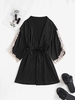 Lace Trim Satin Belted Robe M Black