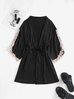 Lace Trim Satin Belted Robe M Black