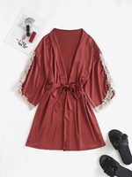 Lace Trim Satin Belted Robe M Red