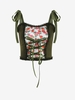 Lace Trim Tie Shoulder Lace Up Floral Tank Top L Deep green