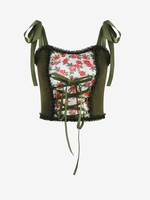 Lace Trim Tie Shoulder Lace Up Floral Tank Top M Deep green
